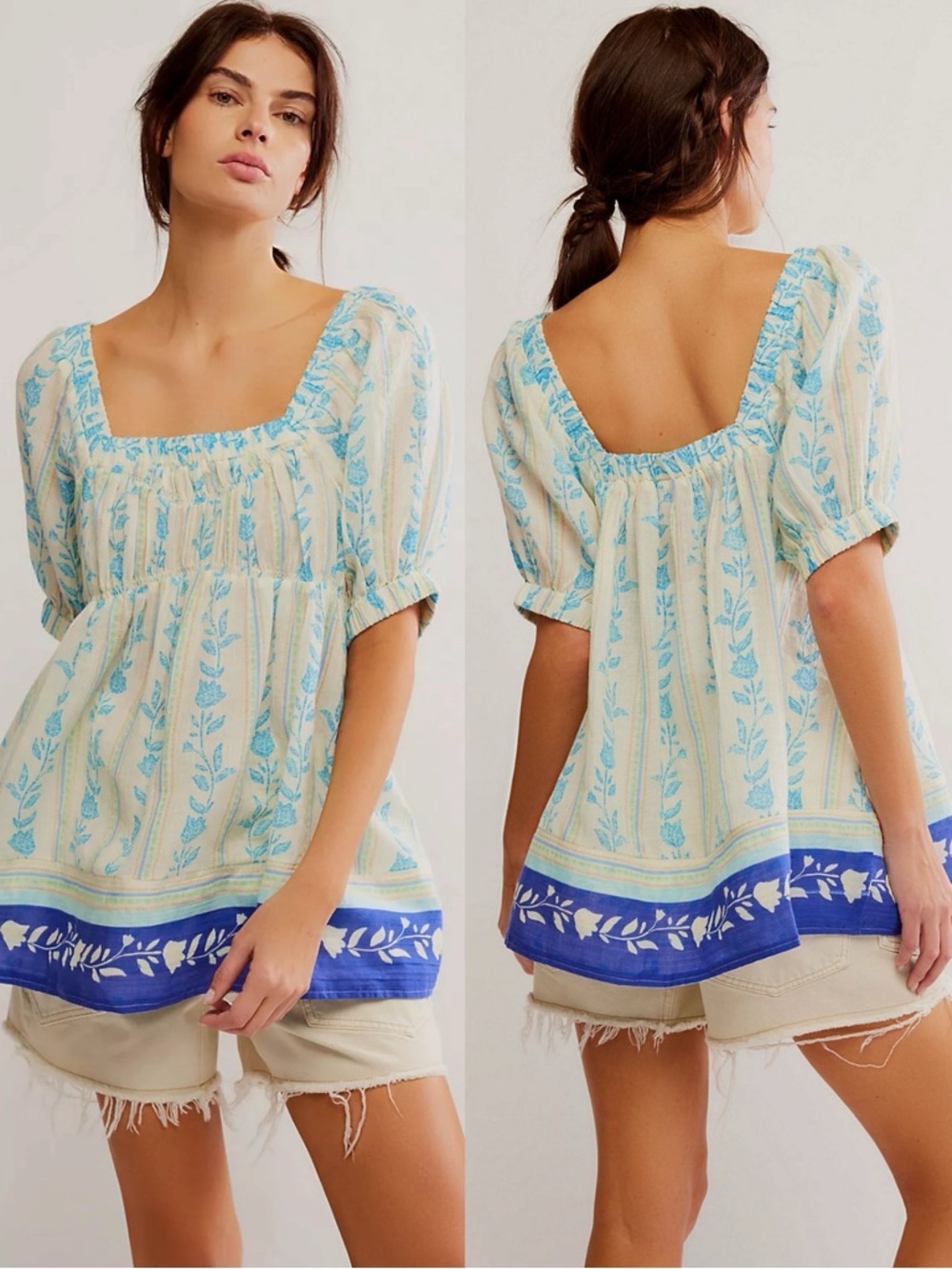 Free People Bohemian 70s Block Print Santorini Printed Babydoll Tunic Size Small